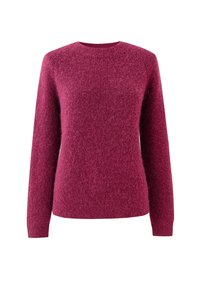 Langärmliger Pullover mit Rundhalsausschnitt aus strukturiertem dunkelrosa Strickstoff, frontal auf weißem Hintergrund präsentiert.