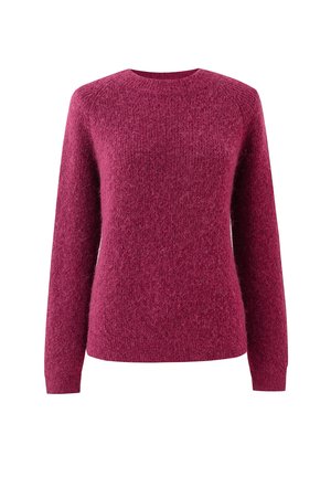 Langsleeve crewneck sweater van textuur donkerroze gebreid stof, frontaal weergegeven op witte achtergrond.