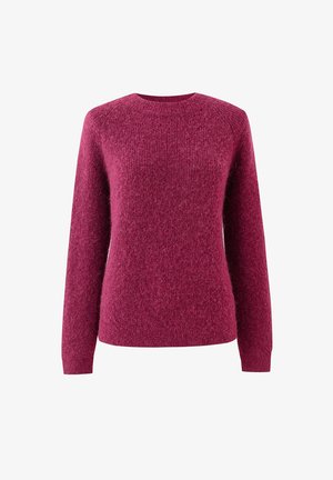 Langsleeve crewneck sweater van textuur donkerroze gebreid stof, frontaal weergegeven op witte achtergrond.