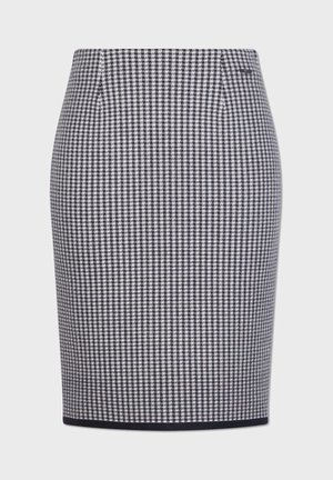 Bukseskørt i houndstooth-mønster, marineblå og hvidt, tætsiddende design, tekstureret stof, talje, og sort kantdetalje.