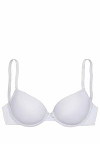 White padded bra featuring smooth fabric, adjustable straps, and a decorative bow at the center front. Classic undergarment design.