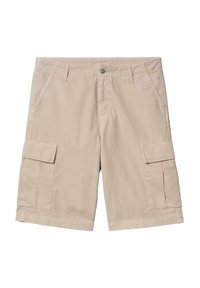 Pantalones cortos cargo beige con cierre de botón, dos bolsillos frontales y dos bolsillos laterales tipo cargo. Tejido de algodón con una textura suave y corte recto.