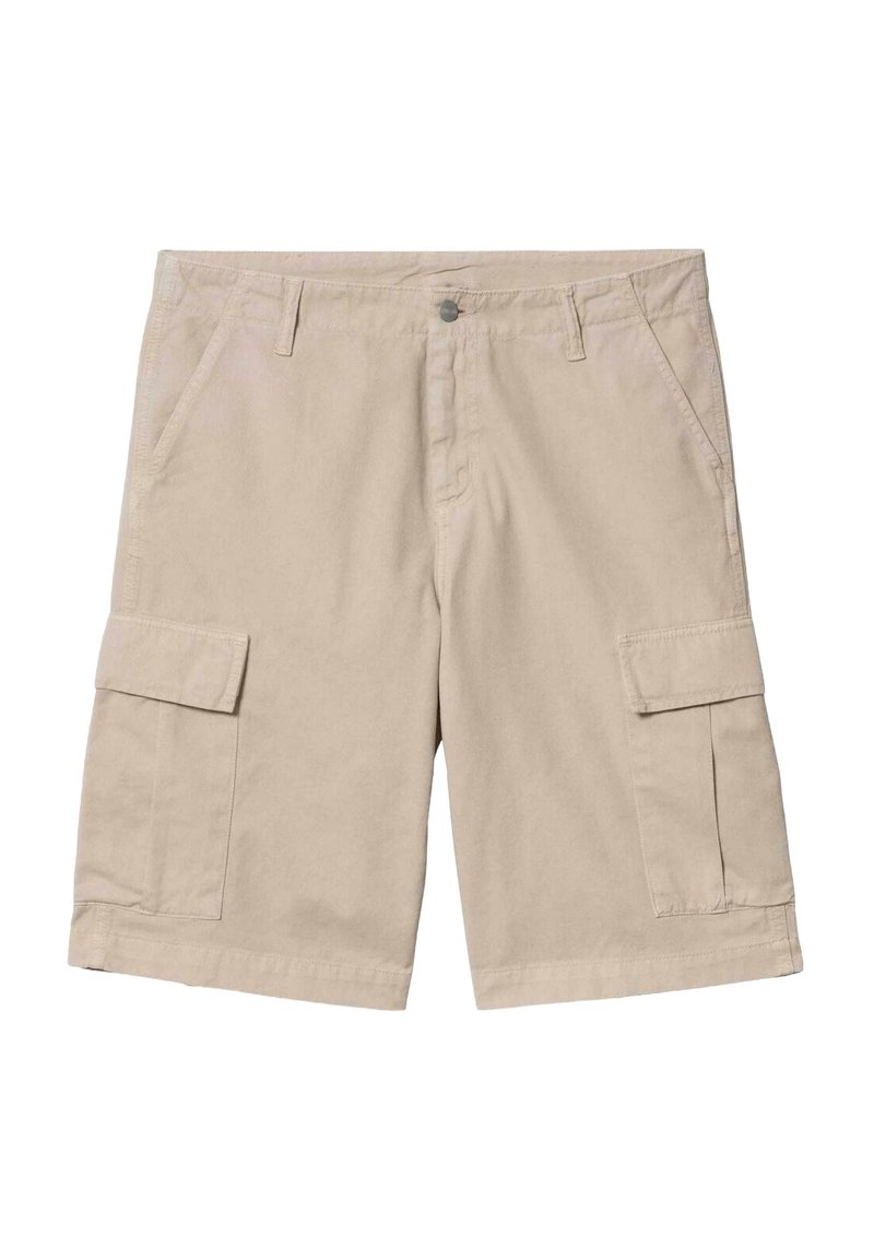 Pantalones cortos cargo beige con cierre de botón, dos bolsillos frontales y dos bolsillos laterales tipo cargo. Tejido de algodón con una textura suave y corte recto.