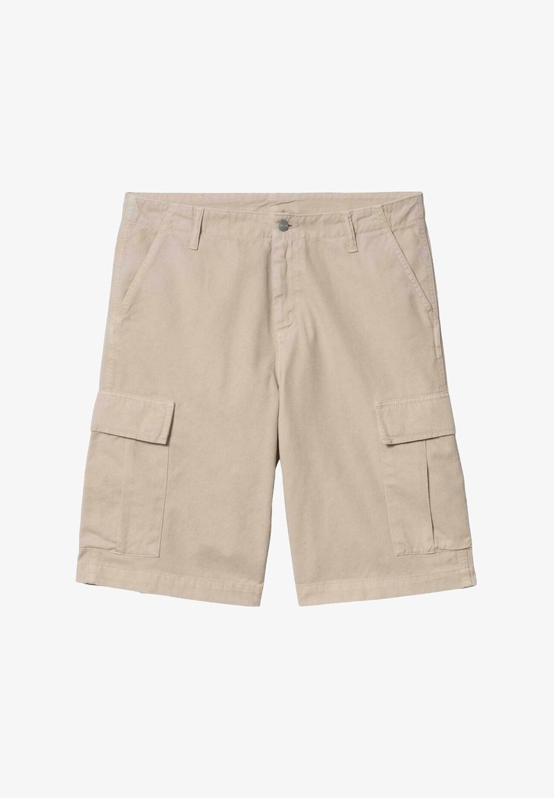 Pantalones cortos cargo beige con cierre de botón, dos bolsillos frontales y dos bolsillos laterales tipo cargo. Tejido de algodón con una textura suave y corte recto.