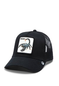 Black cap with a curved brim, featuring a white patch displaying an embroidered blue and black scorpion and the word "DEADLY." Mesh sides.