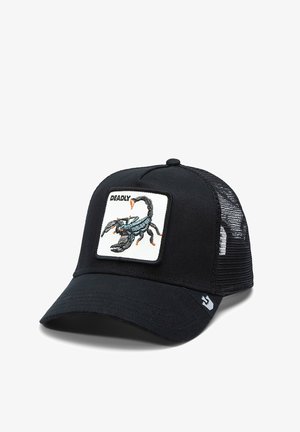 Black cap with a curved brim, featuring a white patch displaying an embroidered blue and black scorpion and the word "DEADLY." Mesh sides.