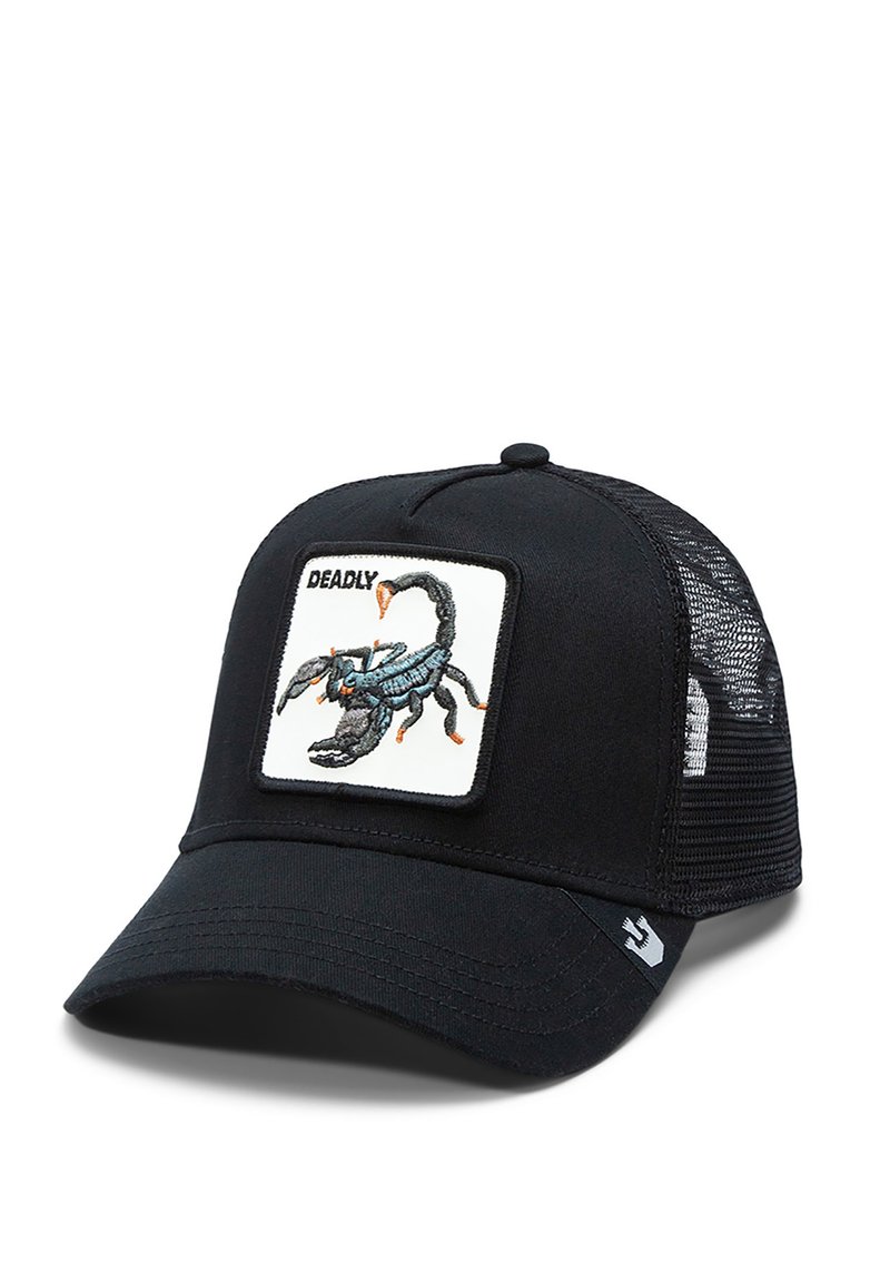 Black cap with a curved brim, featuring a white patch displaying an embroidered blue and black scorpion and the word "DEADLY." Mesh sides.