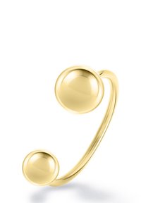 Ring i guldfärgad ton med justerbar design har en slank oval band med två polerade sfäriska detaljer i vardera änden. Slät, reflekterande yta.