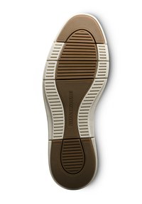 Suola di scarpa in gomma marrone e crema con motivi texturizzati, scanalature orizzontali e verticali e un dettaglio centrale con logo in rilievo.