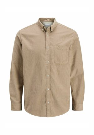 Majica z dolgimi rokavi iz svetlo rjavega korduroja z enim žepom na prsih in klasičnim ovratnikom, z nežno rebrasto teksturo.