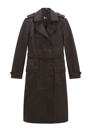 Cappotto trench in pelle marrone scuro con bottoni doppi, vita con cintura, spalline e tasche a pattina.