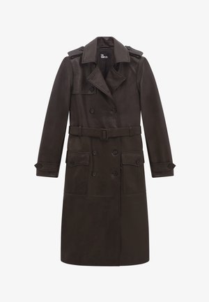 Manteau trench en cuir marron foncé avec des boutons double boutonnage, taille ceinturée, épaulettes et poches à rabat.