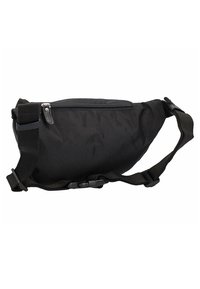 Sac banane en tissu noir avec une fermeture éclair, une sangle réglable et une forme élégante et courbée. Caractérisé par un matériau durable et un design minimaliste.