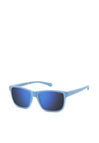 Occhiali da sole blu con finitura opaca, lenti quadrate e lenti blu riflettenti. Presentano un logo arancione sul braccio.
