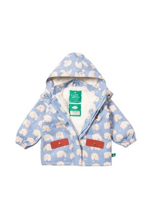 Waterproof blue jacket with polar bear pattern, white fleece lining, red accents on pockets, adjustable hood, and elastic wrists.