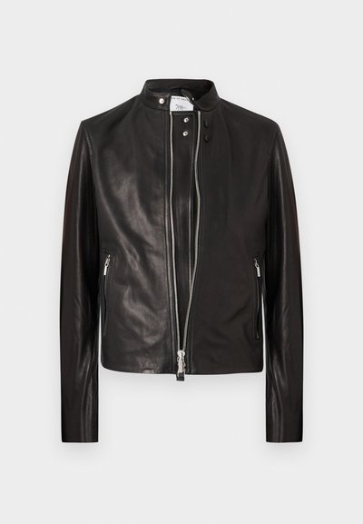 Black leather jacket with stand collar, two zippered side pockets, and double zipper front closure partially open on a white background.