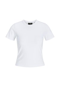 Vit t-shirt med kort ärm och rund halsringning, med en mjuk textur och en åtsittande passform. Etikett synlig vid halsen.