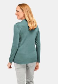 Türkiser Pullover aus weichem Strickstoff, mit einem runden Halsausschnitt und langen Ärmeln, kombiniert mit hellgrauen Hosen, von hinten gezeigt.