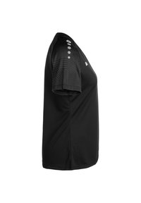 Maglietta sportiva nera con maniche corte e testurizzate, caratterizzata da strisce orizzontali e dettagli circolari; tessuto morbido, scollatura a girocollo e fit rilassato.