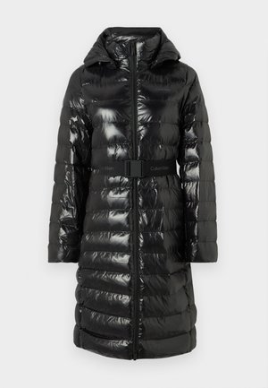 Black puffer coat with a glossy finish, featuring a hood, belted waist, zip closure, and horizontal quilted pattern. Brand logo on the belt.