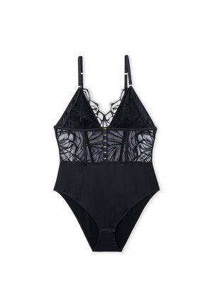 Bodysuit noir avec des bonnets en dentelle, des bretelles réglables et une fermeture avant à crochets. Le tissu lisse et la dentelle transparente combinent des éléments élégants et texturés.