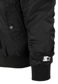 Manche de veste noire avec poignet côtelé, une poche latérale avec bouton-pression argenté et un logo étoile blanche près de la zone du poignet.