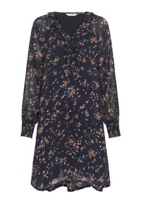 Navyblauwe jurk met lange mouwen, voorzien van een oranje en witte bloemenpatroon, met een gerimpelde V-halslijn, knoopsluiting aan de voorkant en gathered manchetten.