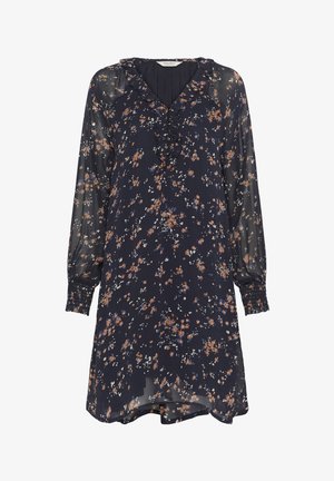 Navyblauwe jurk met lange mouwen, voorzien van een oranje en witte bloemenpatroon, met een gerimpelde V-halslijn, knoopsluiting aan de voorkant en gathered manchetten.