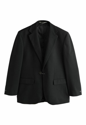 Black tailored blazer with a single clasp closure, notch lapels, two front flap pockets, and buttoned cuffs, displayed on a white background.