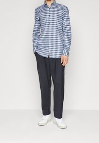 Uomo che indossa una camicia a quadri blu e bianca con bottoni, pantaloni larghi scuri e sneakers bianche, in piedi davanti a uno sfondo semplice.