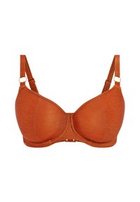Bra in dark orange fabric, featuring smooth cups, adjustable straps, and gold hardware accents. Seamless design with a textured finish.