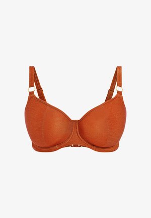 Podprsenka z tmavě oranžové látky, s hladkými košíčky, nastavitelnými ramínky a zlatými detaily. Bezšvový design s texturovaným povrchem.