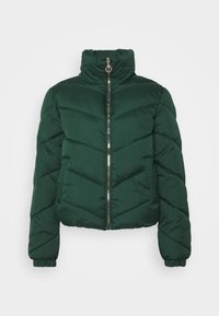 Giubbotto foderato verde con colletto alto, chiusura con zip e motivo trapuntato a zig-zag. Realizzato in morbido materiale con polsini elasticizzati.