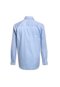 Chemise bleu clair à manches longues avec col pointu, empiècement au dos et poignets à boutons. Tissu lisse avec une texture subtile.