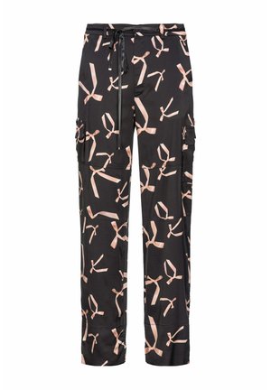 Pantaloni cargo neri con un motivo di forme a nastro rosa chiaro, vita con coulisse e tasche laterali. Realizzati in un tessuto morbido e leggero.