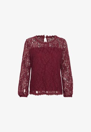 Burgundia pitsitop, millel on pikad varrukad, laineline ääre ja nööbiga avaus seljaosas. Üksikasjalik lilleline pitsikujundus kogu ulatuses.