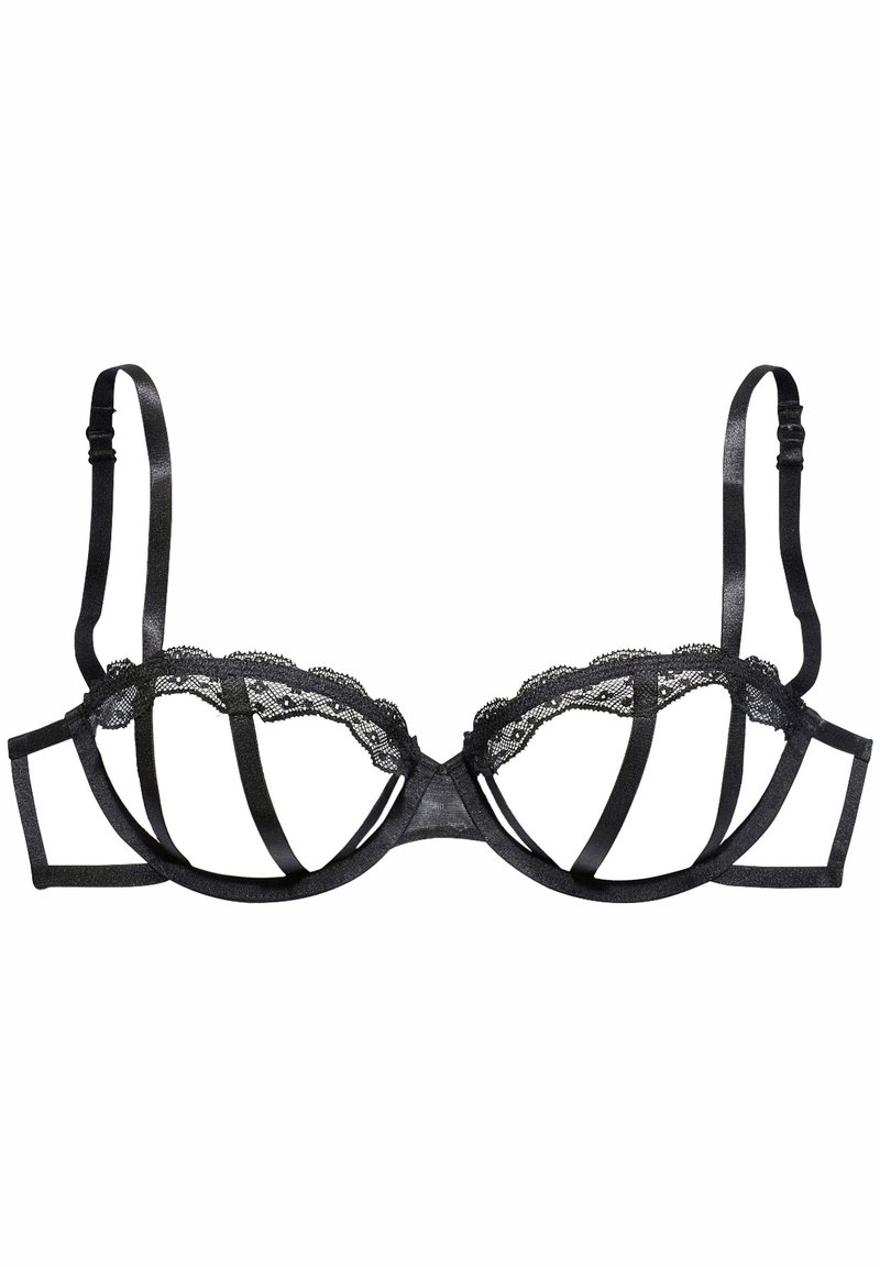 Sostén negro con detalle de encaje, tirantes finos ajustables y recortes geométricos en un diseño semitransparente. El material es suave con un brillo sutil.