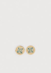 Σκουλαρίκια καρφάκια σε χρυσό τόνο με κυκλικό σχέδιο και ένα τυρκουάζ, ανθοειδές διακοσμητικό στη μέση. Ομαλή υφή με λαμπερό φινίρισμα.