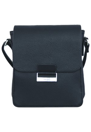 Schwarze, strukturiert genarbte Leder-Crossbody-Tasche mit Klappenverschluss und silberner rechteckiger Metall-Schnalle vorne.