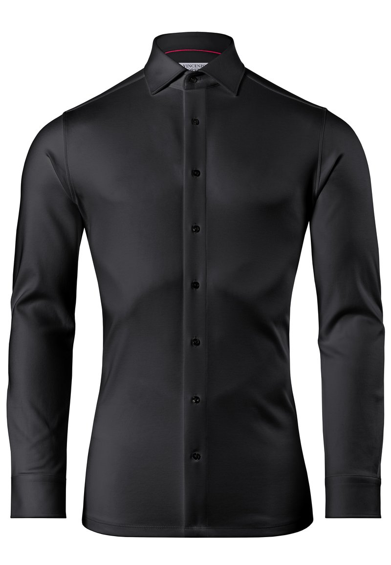 Camicia nera a maniche lunghe realizzata in tessuto morbido, con colletto classico, chiusura a bottoni e design aderente. Leggero luccichio senza motivi.