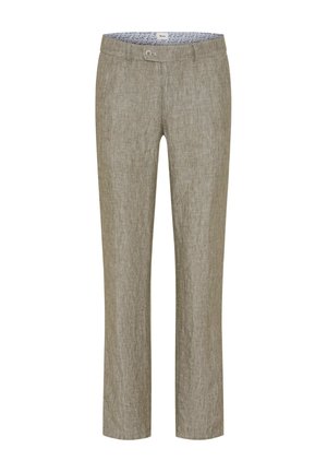 Beige Leinenhose mit geradem Bein, Knopf- und Reißverschluss, Gürtelschlaufen und innerem Bund mit Blumenmuster.