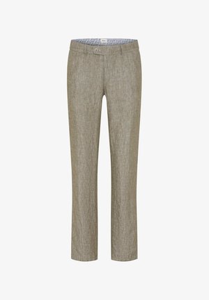 Beige Leinenhose mit geradem Bein, Knopf- und Reißverschluss, Gürtelschlaufen und innerem Bund mit Blumenmuster.