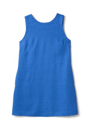 Ärmelloses, knielanges blaues Kleid mit rundem Ausschnitt und schlichtem, einfarbigem Leinenstoff.
