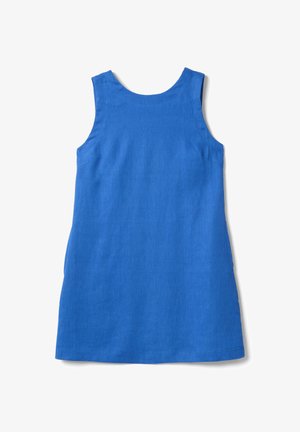 Mouwloze, knielange blauwe jurk met een ronde halslijn en een eenvoudig, effen linnenstof ontwerp.