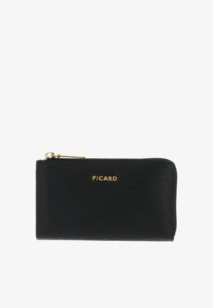Portefeuille en cuir noir avec une surface texturée, quincaillerie dorée, fermeture à glissière et le nom de la marque « PICARD » embossé à l'avant.