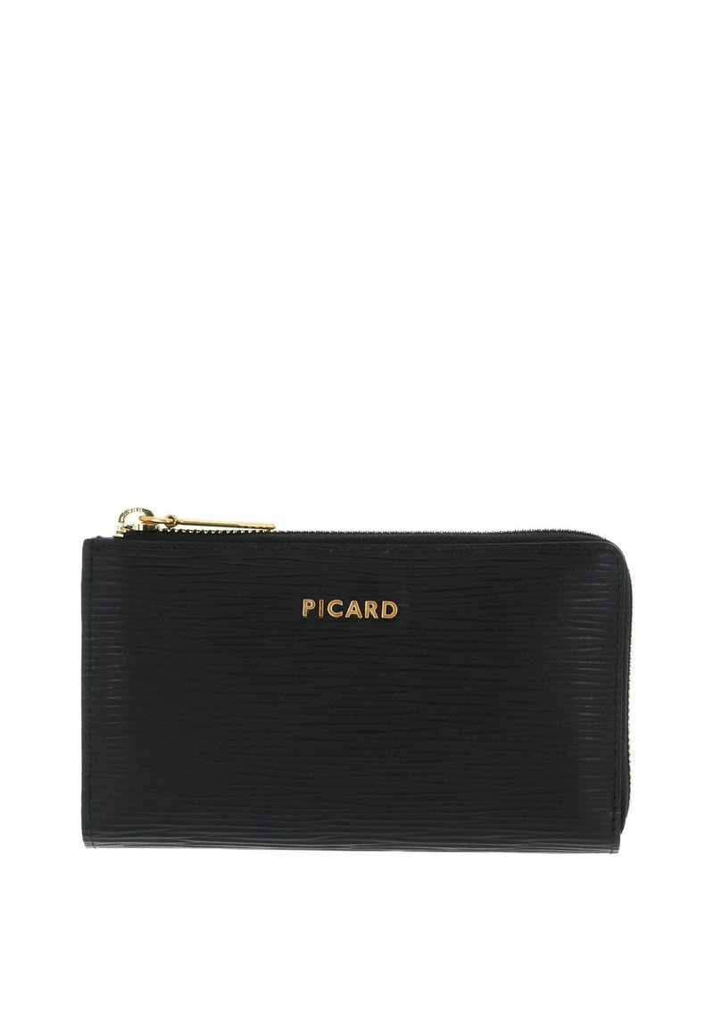 Portefeuille en cuir noir avec une surface texturée, quincaillerie dorée, fermeture à glissière et le nom de la marque « PICARD » embossé à l'avant.