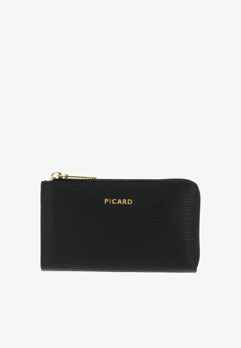 Portefeuille en cuir noir avec une surface texturée, quincaillerie dorée, fermeture à glissière et le nom de la marque « PICARD » embossé à l'avant.
