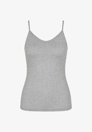 Top grigio con spalline sottili e regolabili, realizzato in un tessuto morbido e liscio. Presenta un scollo a V e una silhouette aderente. Senza motivi visibili.