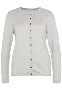 Ljusgrå cardigan i mjukt tyg, med rund hals, långa ärmar och knäppning med kontrasterande bruna knappar.