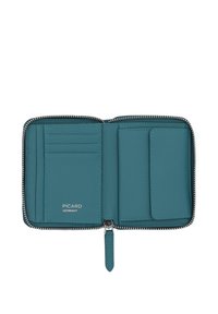 Teal leather wallet with a zip closure, featuring multiple card slots, a flat pocket, and a silver logo embossed on the interior.